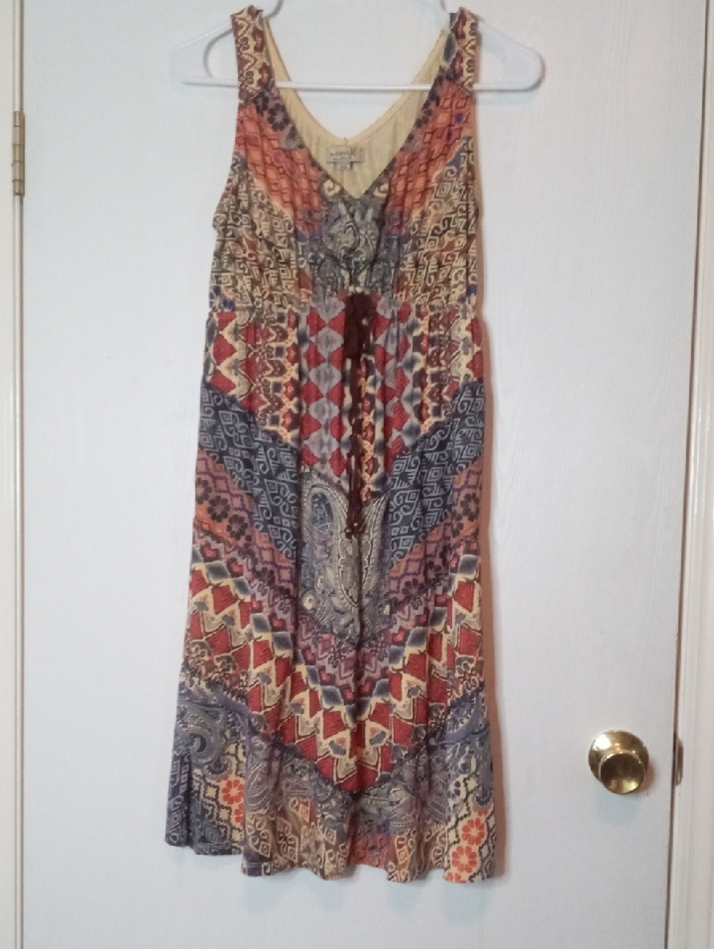 ONE WORLD Red Blue Tan Patterned Boho Maxi Dress